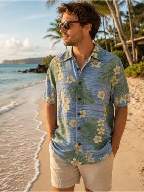 Jamaica Jaxx 100% Silk Hawaiian Camp Shirt Blue Floral Tropical Men’s Large READ